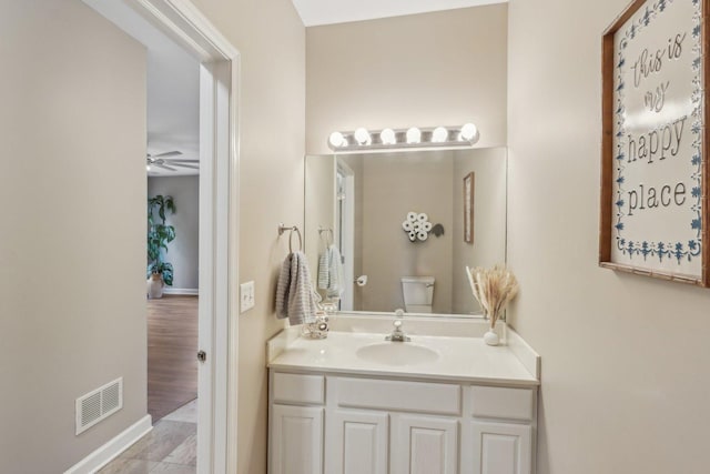 bathroom with vanity, ceiling fan, and toilet