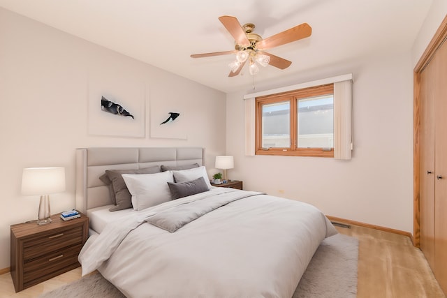 bedroom with ceiling fan and a closet