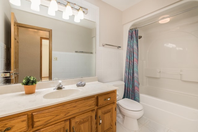 full bathroom with tile walls, tile patterned flooring, vanity, toilet, and shower / bathtub combination with curtain