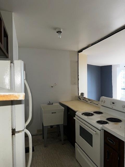 kitchen featuring white appliances, dark brown cabinetry, and sink