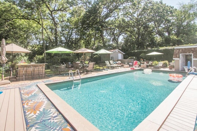 view of swimming pool with a patio and an outdoor bar