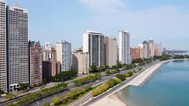 view of city featuring a water view and a view of the beach