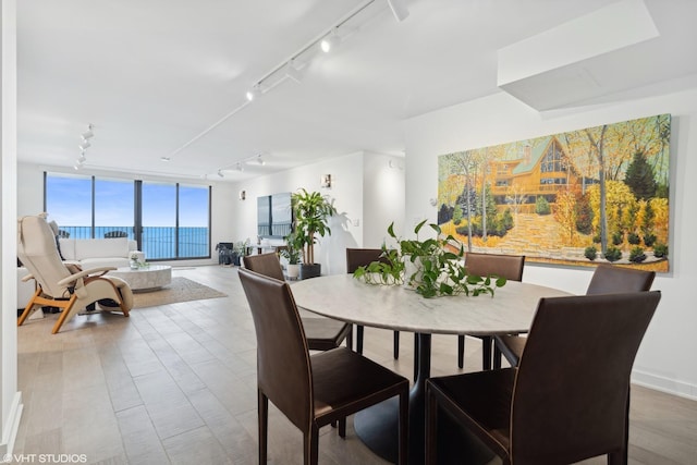 dining space featuring a wall of windows and rail lighting