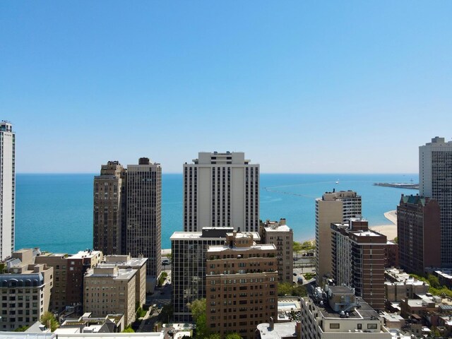 drone / aerial view with a beach view and a water view