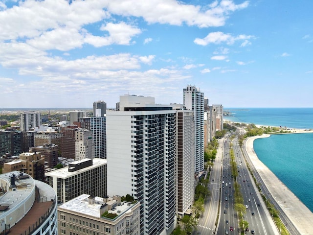 bird's eye view featuring a water view and a view of the beach