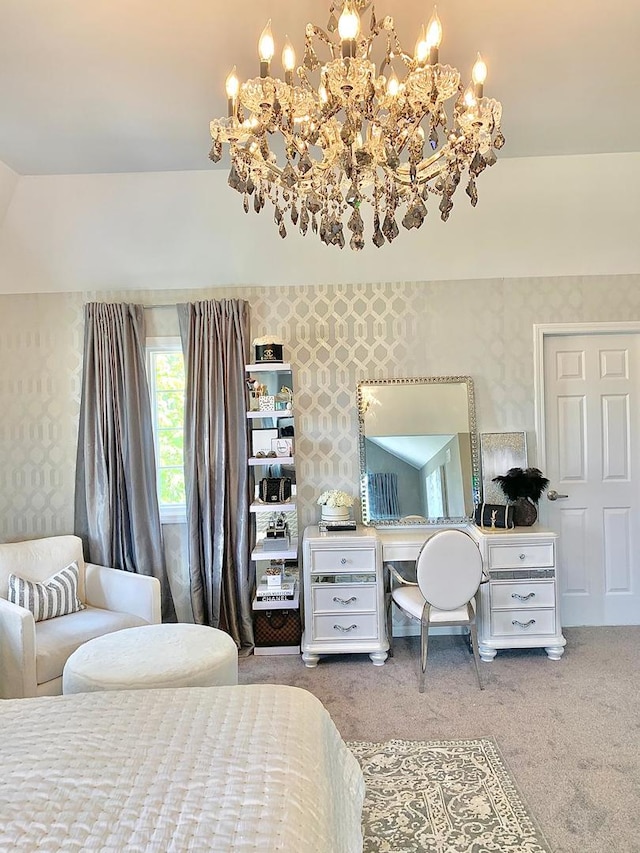 carpeted bedroom with lofted ceiling