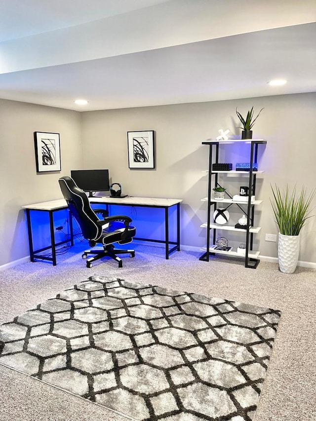 home office with carpet flooring