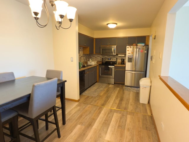 kitchen with light wood finished floors, tasteful backsplash, a sink, stainless steel appliances, and a notable chandelier