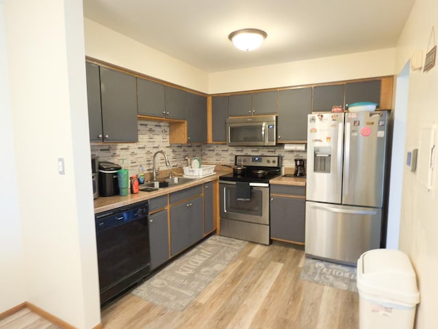 kitchen with appliances with stainless steel finishes, decorative backsplash, a sink, and light wood-style floors