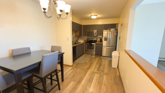 kitchen with appliances with stainless steel finishes, tasteful backsplash, sink, light wood-type flooring, and an inviting chandelier