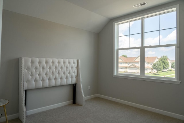 unfurnished bedroom with multiple windows, lofted ceiling, and carpet flooring