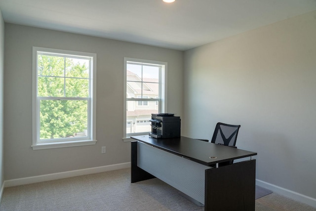 home office with light carpet