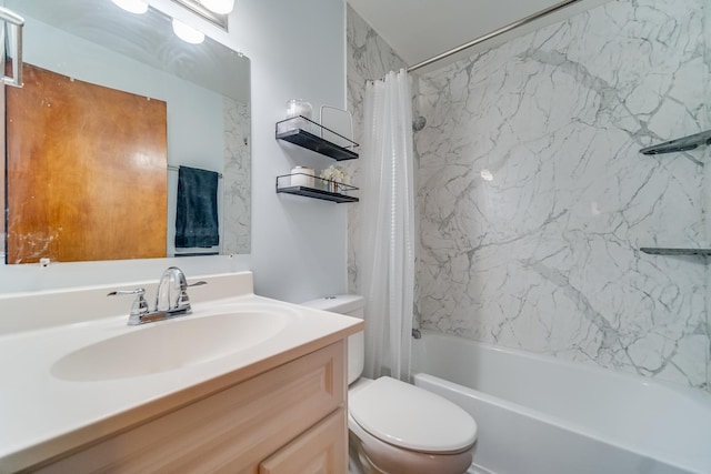 full bathroom featuring shower / bath combination with curtain, vanity, and toilet