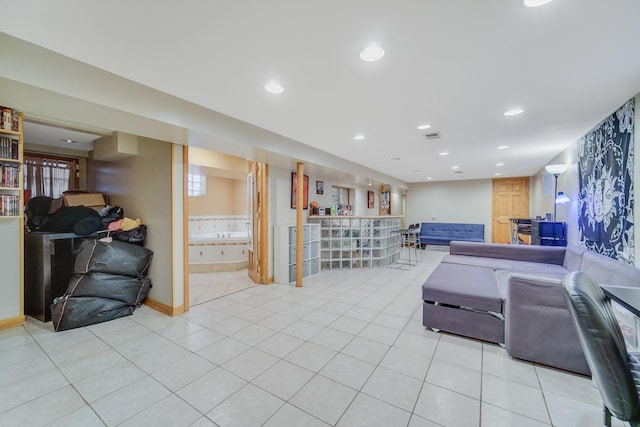 tiled living room with indoor bar