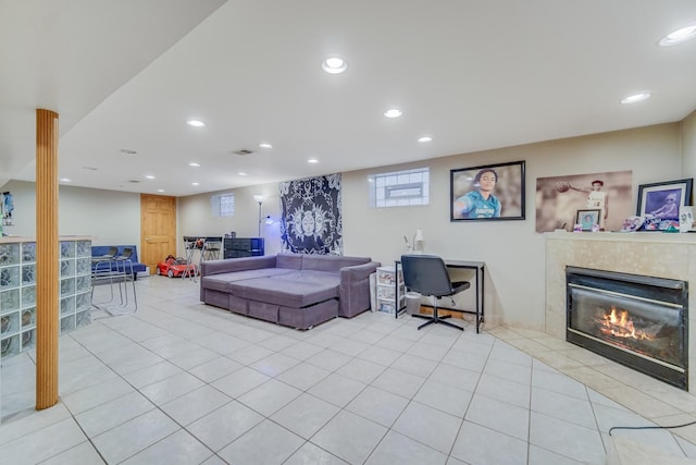 living room featuring light tile patterned flooring