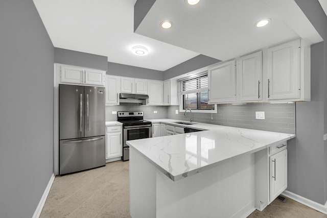 kitchen featuring white cabinetry, appliances with stainless steel finishes, kitchen peninsula, and sink