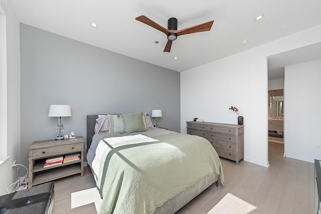 bedroom featuring recessed lighting, baseboards, ceiling fan, and light wood finished floors