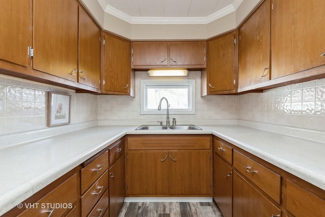 kitchen featuring sink, backsplash, ornamental molding, and light hardwood / wood-style floors