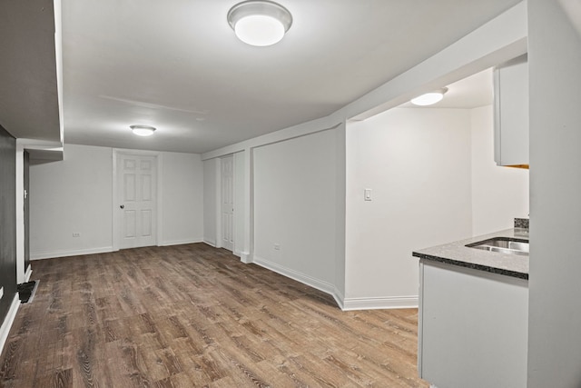 basement with sink and wood-type flooring