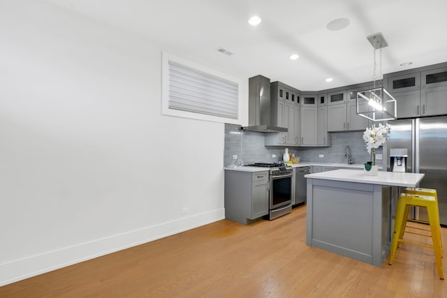 kitchen featuring tasteful backsplash, hanging light fixtures, a center island, stainless steel appliances, and wall chimney exhaust hood