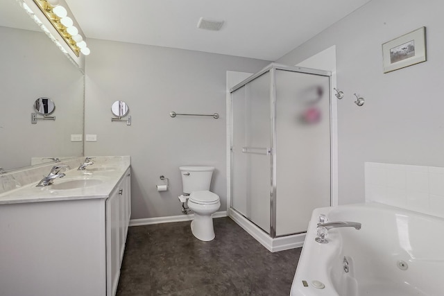 full bathroom featuring vanity, shower with separate bathtub, and toilet