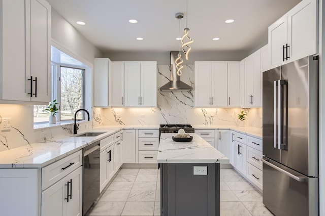 kitchen with extractor fan, appliances with stainless steel finishes, white cabinetry, sink, and a center island