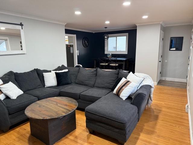 living room with crown molding, a barn door, and light hardwood / wood-style floors