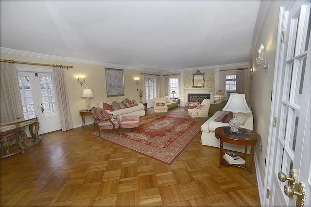 living room with french doors, ornamental molding, baseboards, and a fireplace