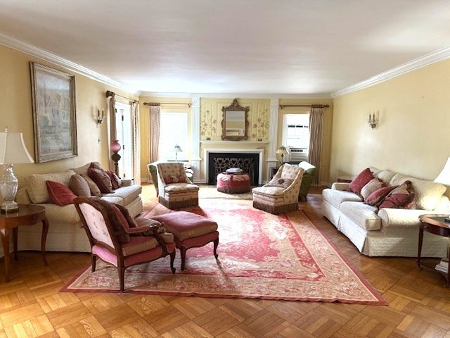 living room featuring a fireplace, plenty of natural light, and ornamental molding