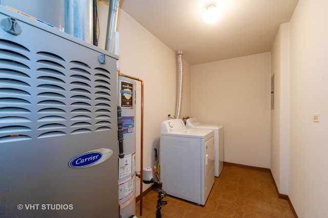 laundry room with independent washer and dryer, water heater, and heating unit