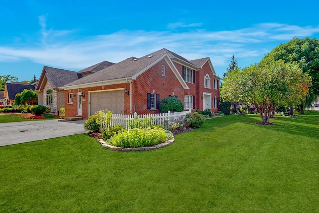 view of front of property with a garage and a front lawn