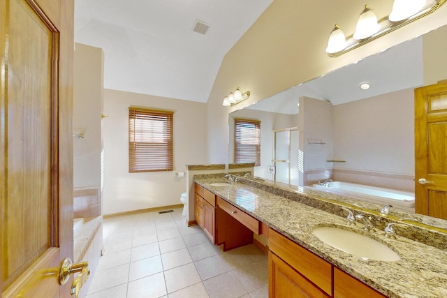 full bathroom featuring lofted ceiling, toilet, separate shower and tub, vanity, and tile patterned flooring