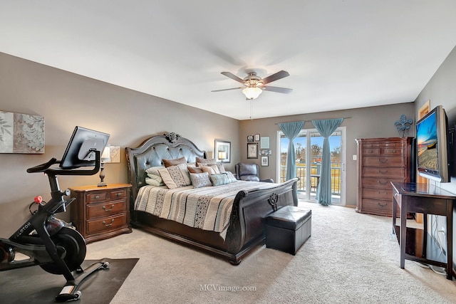 carpeted bedroom with ceiling fan and access to exterior