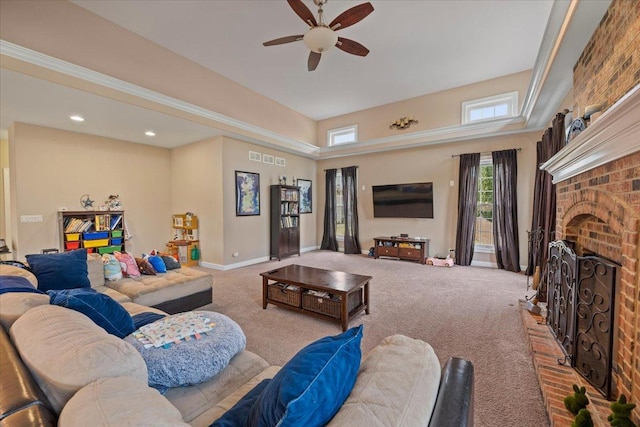 living room featuring carpet floors, a brick fireplace, baseboards, recessed lighting, and a ceiling fan