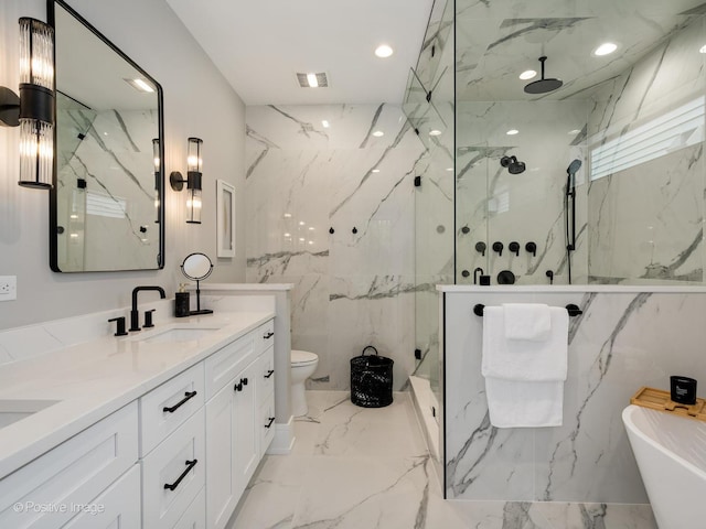 full bathroom with toilet, vanity, and shower with separate bathtub