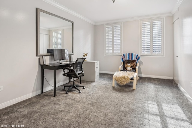 home office with ornamental molding and carpet floors