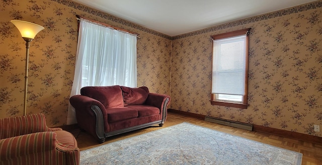 living area with parquet floors