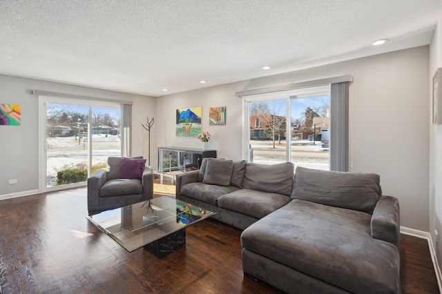 living room featuring dark hardwood / wood-style flooring and a textured ceiling