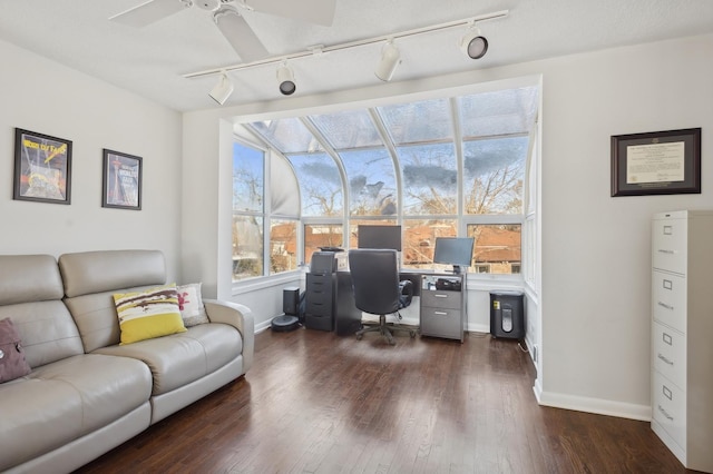 office space featuring dark wood-type flooring and ceiling fan