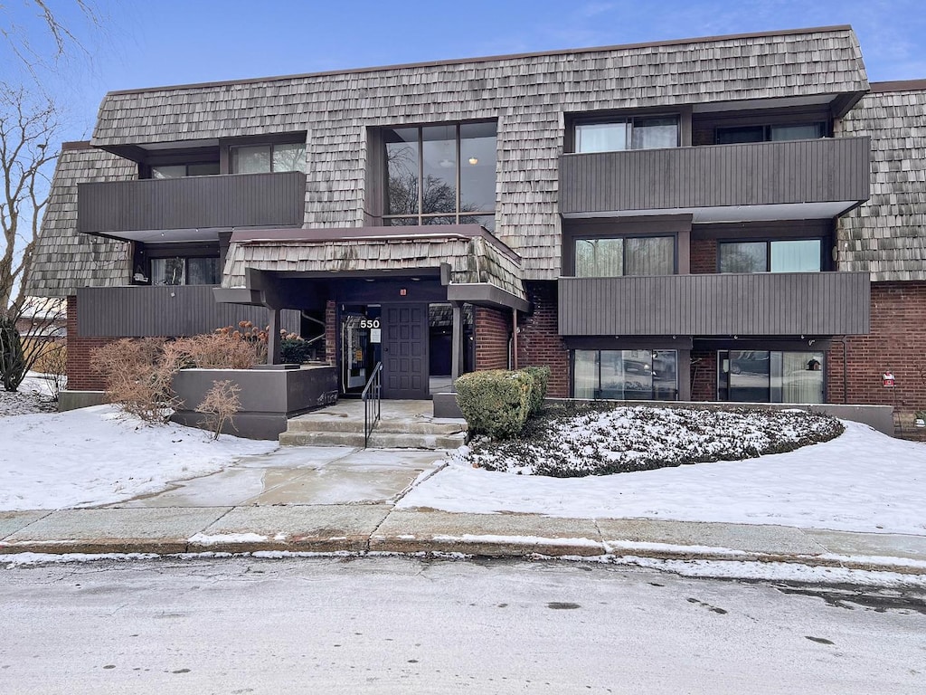 view of snow covered building