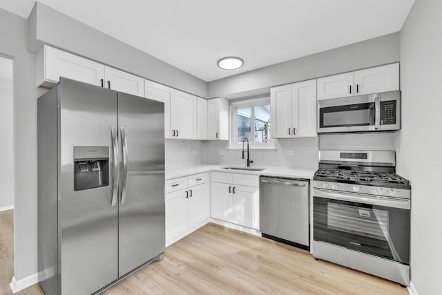 kitchen featuring sink, white cabinetry, stainless steel appliances, light hardwood / wood-style floors, and decorative backsplash