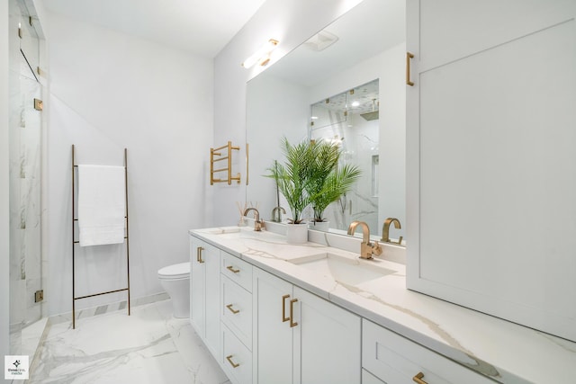 bathroom with vanity, an enclosed shower, and toilet