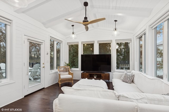 sunroom featuring wood ceiling, ceiling fan, and lofted ceiling with beams