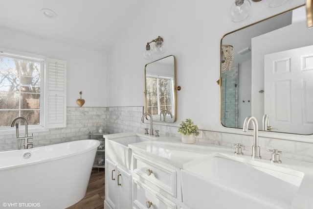 bathroom with hardwood / wood-style floors, vanity, a wealth of natural light, and tile walls