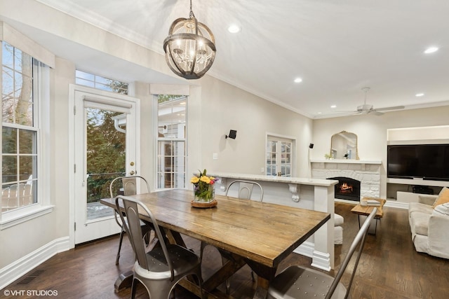 dining area featuring dark hardwood / wood-style flooring, ornamental molding, and a fireplace