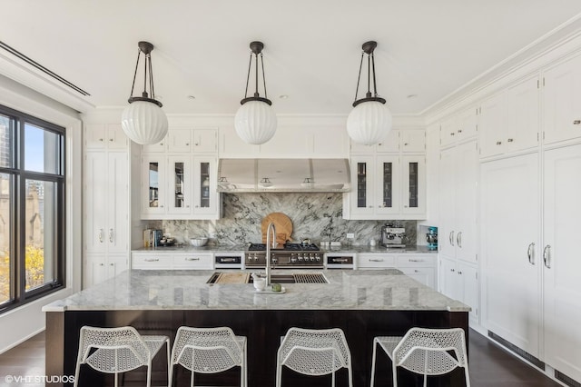 kitchen with a wealth of natural light, tasteful backsplash, and range hood