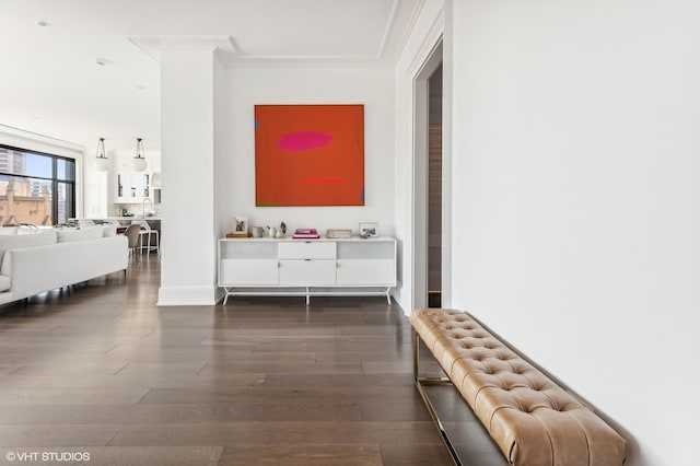 hall featuring wood finished floors, baseboards, and ornamental molding