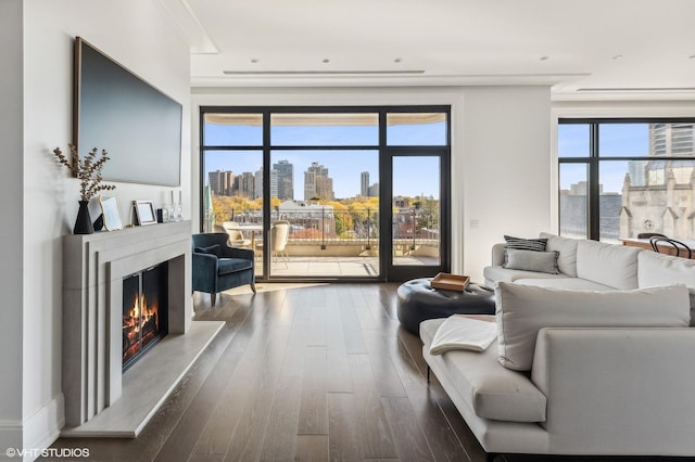 living area with wood finished floors and a high end fireplace