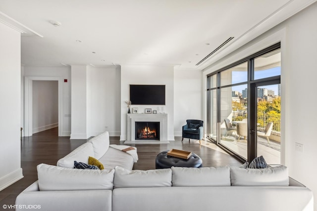 living area with baseboards, dark wood-type flooring, and a lit fireplace