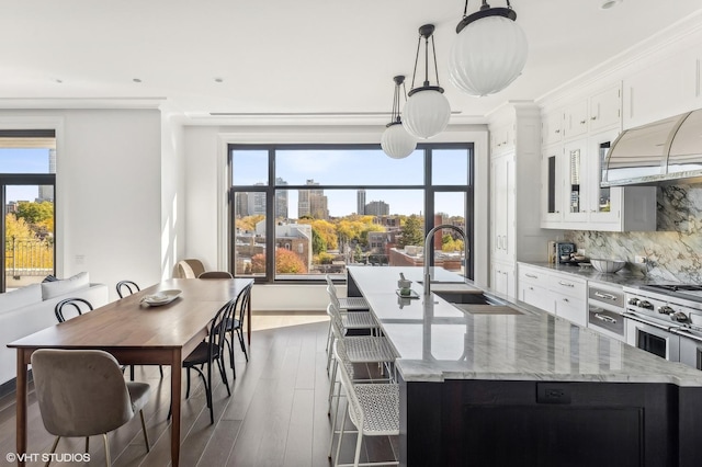 kitchen featuring a center island with sink, ornamental molding, a sink, extractor fan, and tasteful backsplash